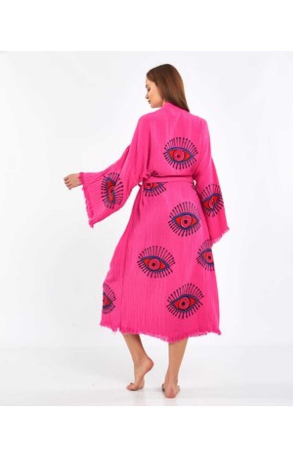 Göz Figür Desen Baskılı Müslin Kaftan Kimono Peştemal Bornoz (BOYU 125 CM)