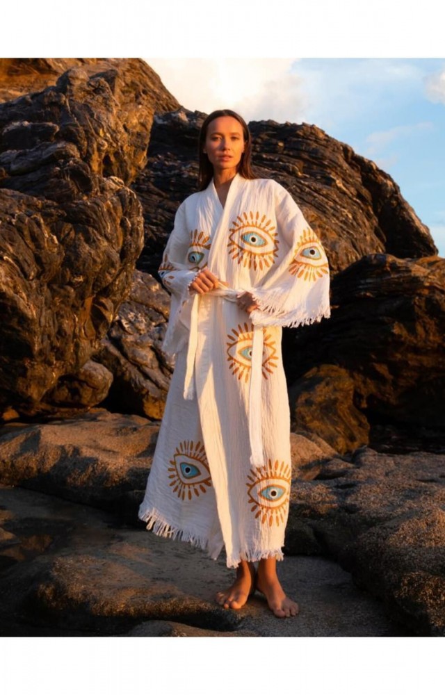 Göz Figür Desen Baskılı Müslin Kaftan Kimono Peştemal Bornoz (BOYU 125 CM)