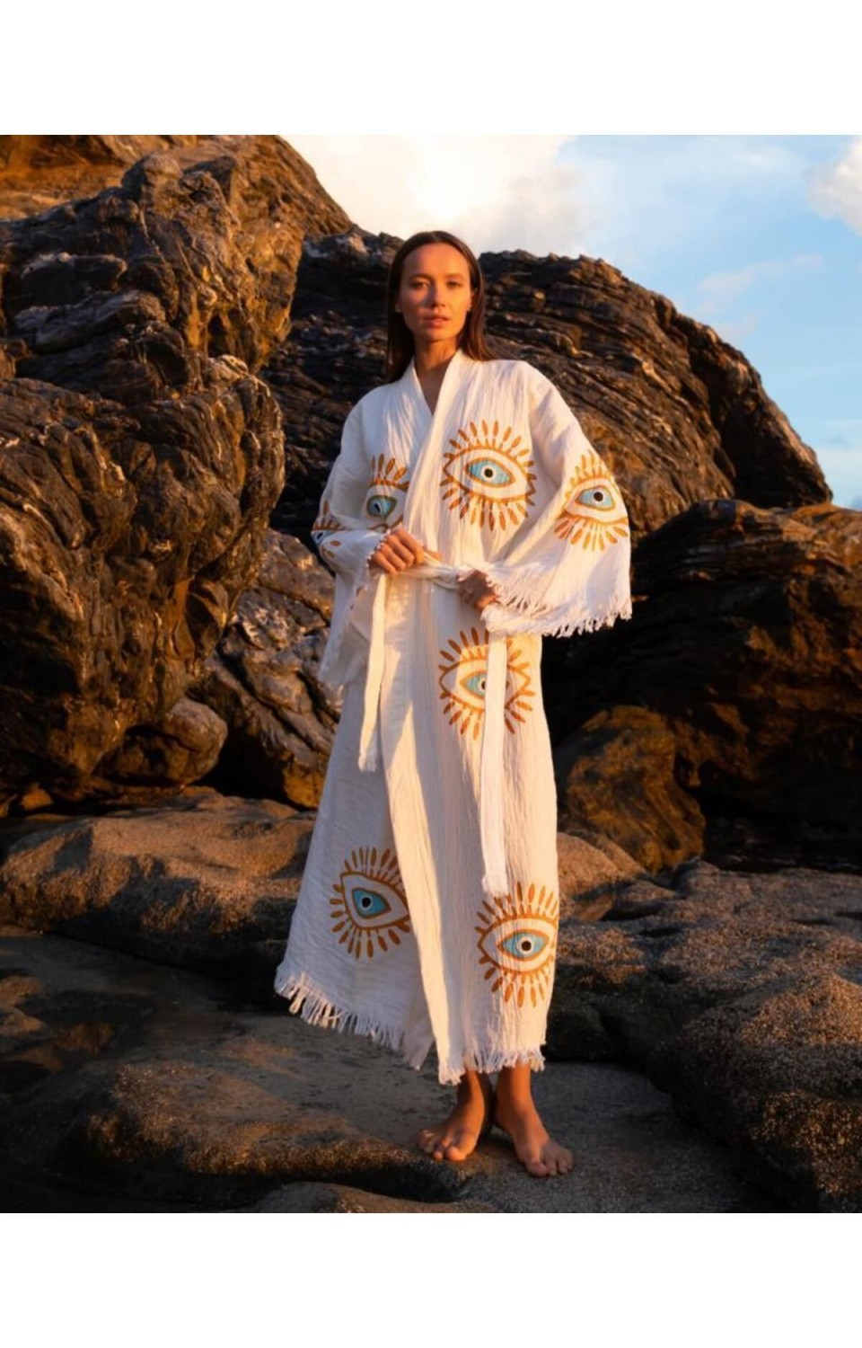 Göz Figür Desen Baskılı Müslin Kaftan Kimono Peştemal Bornoz (BOYU 125 CM)
