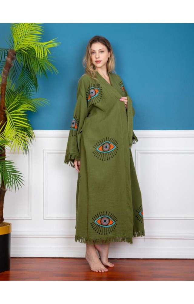 Göz Figür Desen Baskılı  Müslin Kaftan Kimono Peştemal Bornoz (BOYU 125 CM)