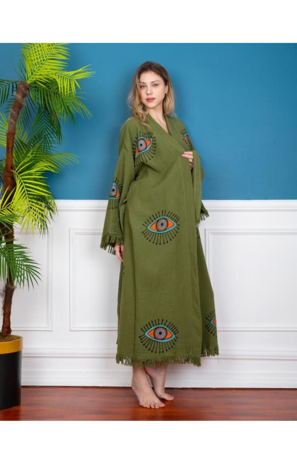 Göz Figür Desen Baskılı  Müslin Kaftan Kimono Peştemal Bornoz (BOYU 125 CM)