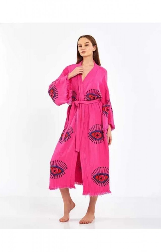 Göz Figür Desen Baskılı Müslin Kaftan Kimono Peştemal Bornoz (BOYU 125 CM)
