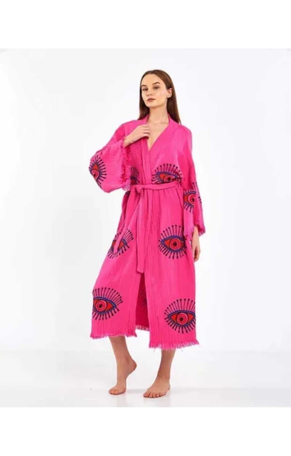Göz Figür Desen Baskılı Müslin Kaftan Kimono Peştemal Bornoz (BOYU 125 CM)